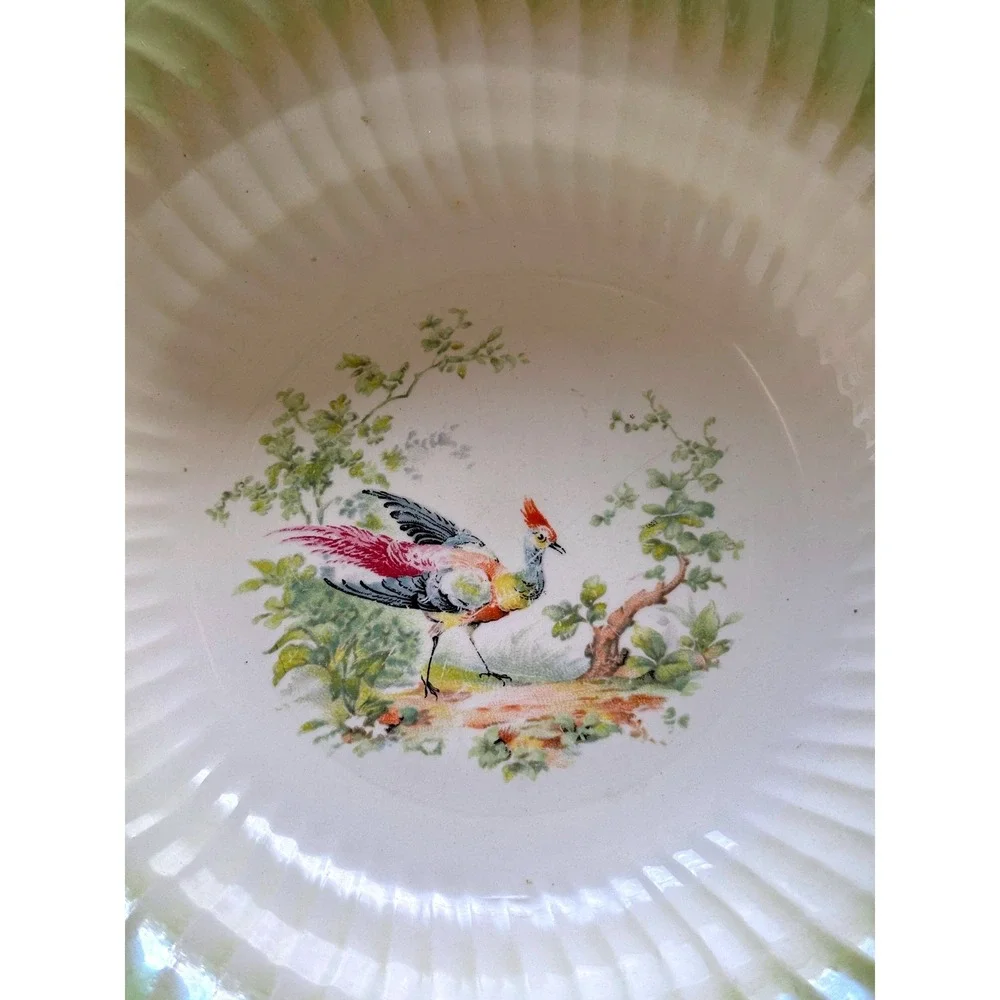 Antique Victorian Staffordshire‎ Bowl Bird Green Fluted Rim Transferware 1800s